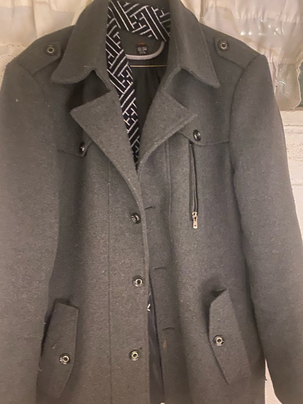 Men's Dark Gray Wool-Blend Peacoat with Zip Pocket
